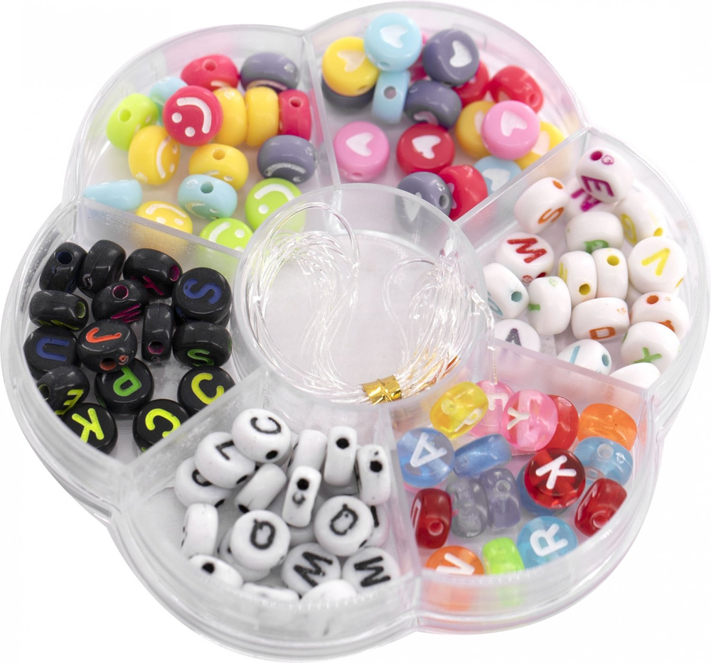 Набор для создания украшений-бусины Alingar, 80х80х12 мм, "Смайл", 6 видов бусин, 1х1,1 м леска, пластик. пенал