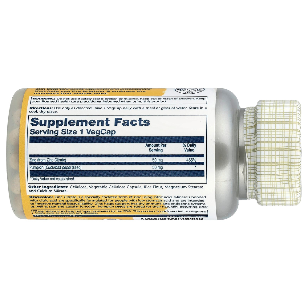 Solaray, Цитрат цинка с тыквенными семечками, 60 вегетарианских капсул