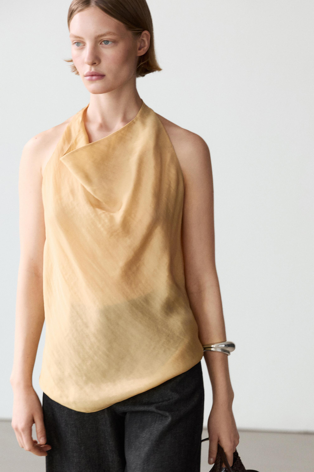Massimo Dutti Топ с драпированным вырезом, ванильный