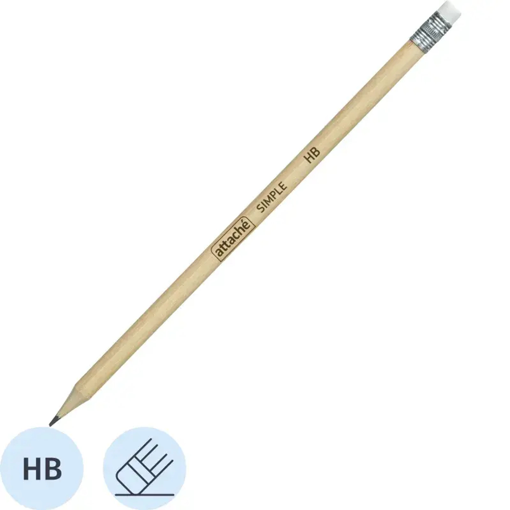 Карандаш чернографитный Attache кругл. HB, натур.дерево, заточ., с ласт.