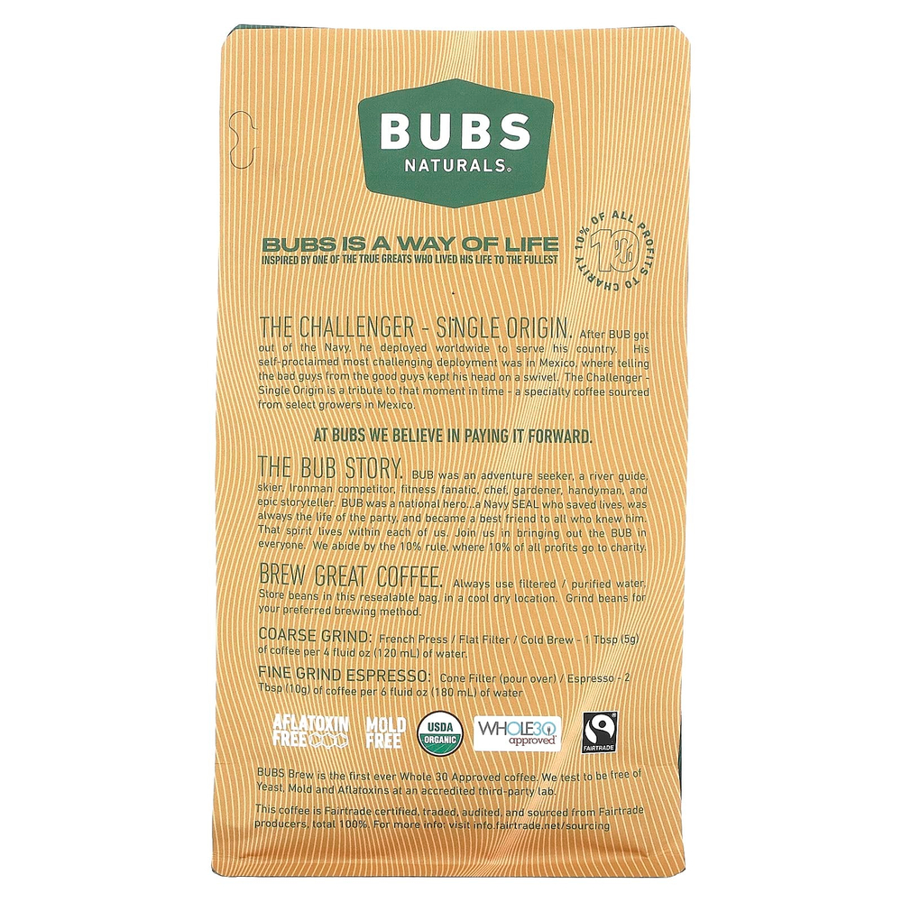BUBS Naturals, Bubs Brew, Challenger Single Origin, цельные бобы, средней обжарки, 340 г (12 унций)
