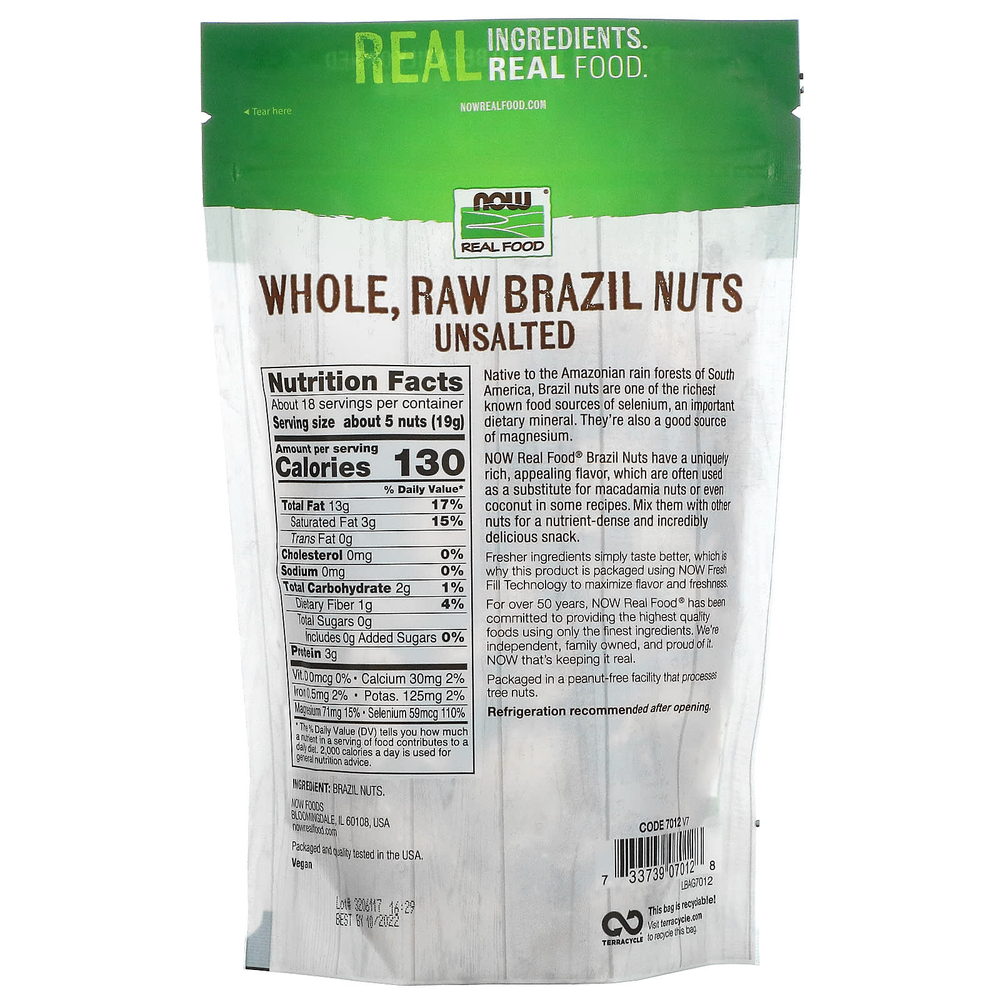 NOW Foods, Real Food, сырые бразильские орехи, цельные, несоленые, 340 г (12 унций)