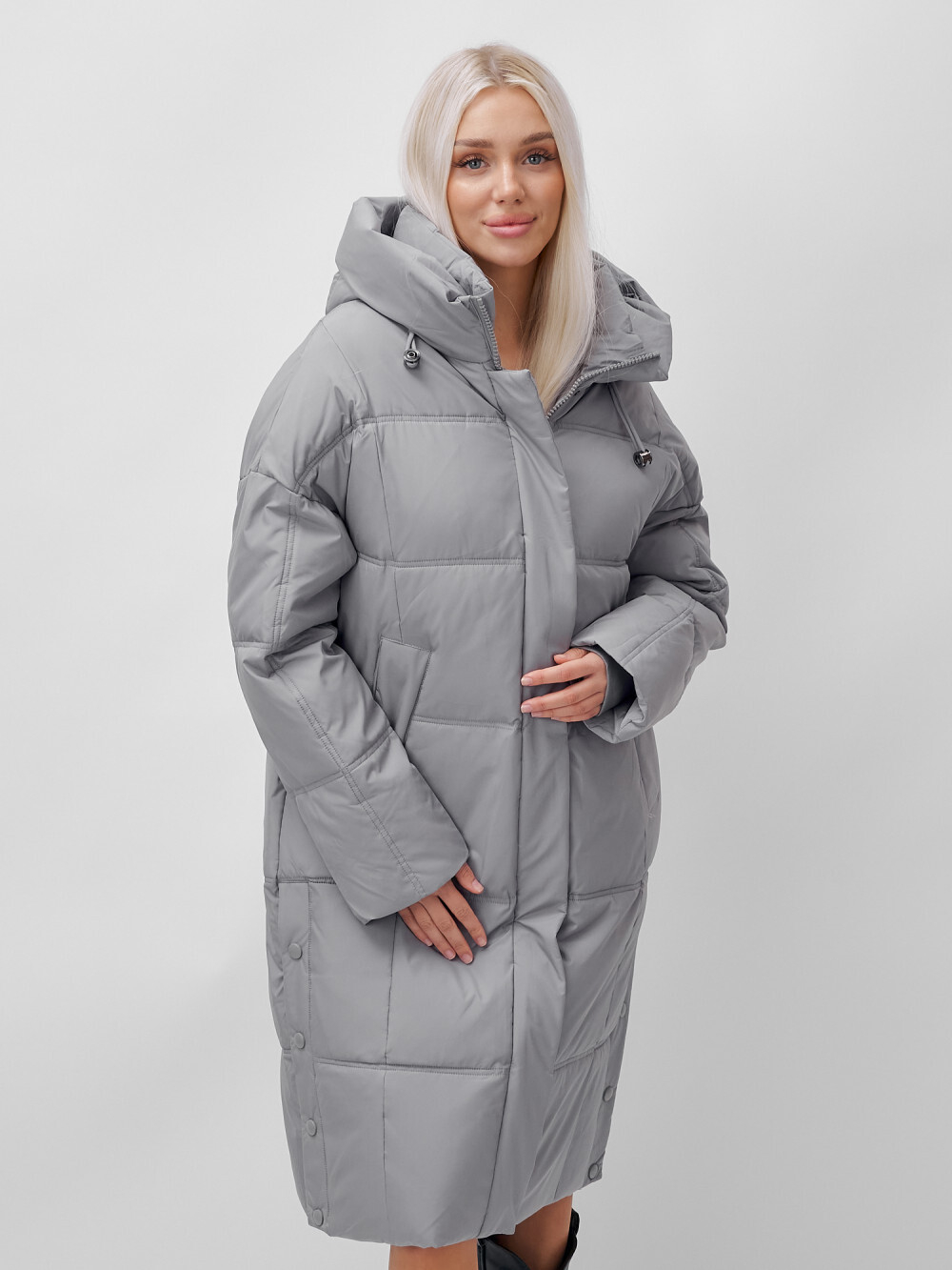 Пальто летучая мышь женское с капюшоном зимнее серого цвета 9619Sr