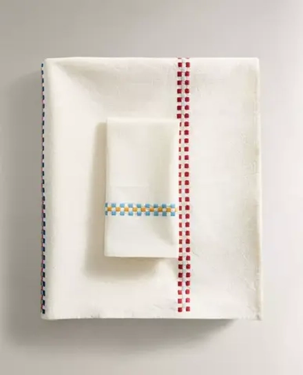 ZARA HOME ХЛОПКОВАЯ СКАТЕРТЬ С ВЫШИВКОЙ, БЕЛЫЙ/ЗЕЛЕНЫЙ
