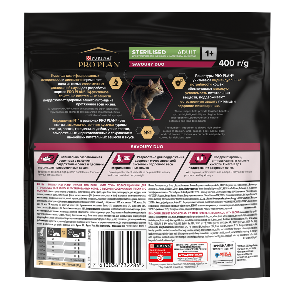Pro plan корм сухой для взрослых кошек треска, форель стерилизованные