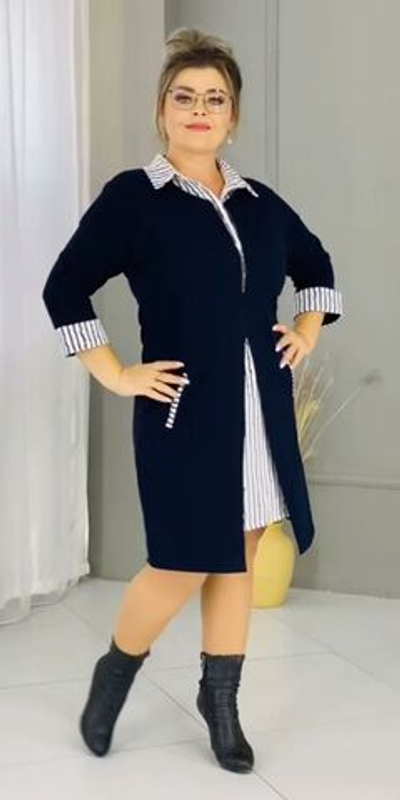 Платье женское большой размер 54 трикотаж трикотажное обманка тёплое зимнее весеннее осеннее демисезонное чёрное черно-белая полоска полосатое ненарядное повседневное на работу комфортное удобное 3/4 рукав великан 4XL XXXXL 5XL XXXXXL 6XL 7XL 8XL