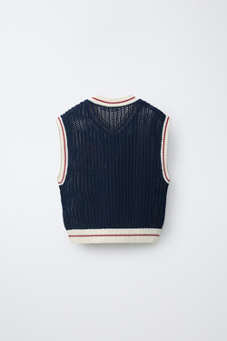 ZARA ТРИКОТАЖНЫЙ ЖИЛЕТ В СТИЛЕ ВАРСИТИ, МОРСКОЙ СИНИЙ