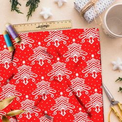 Ткань оксфорд 600 отзеркаленные белые ёлки на красном фоне