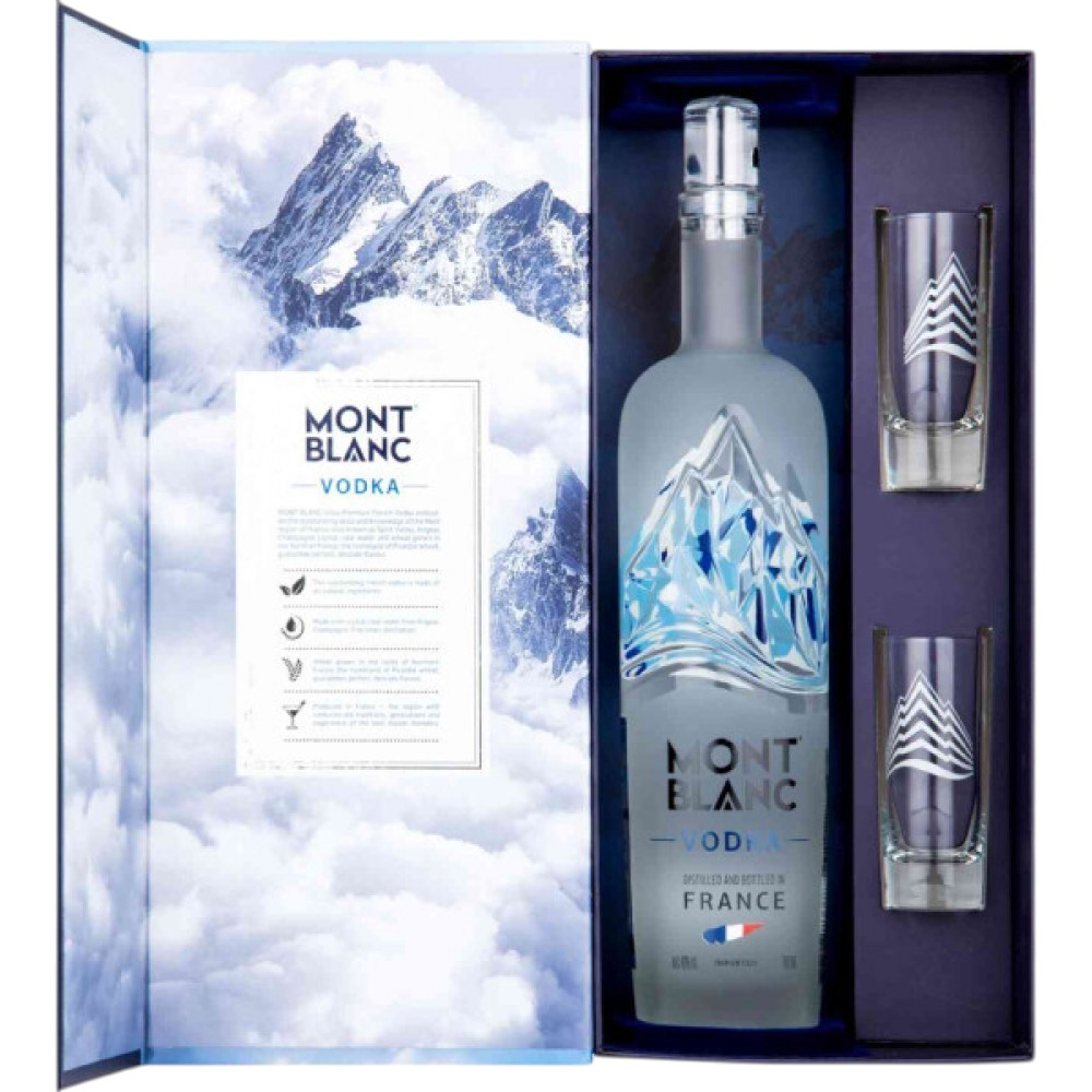 Водка Mont Blanc 0,7 л. В подарочной упаковке с 2 стопками