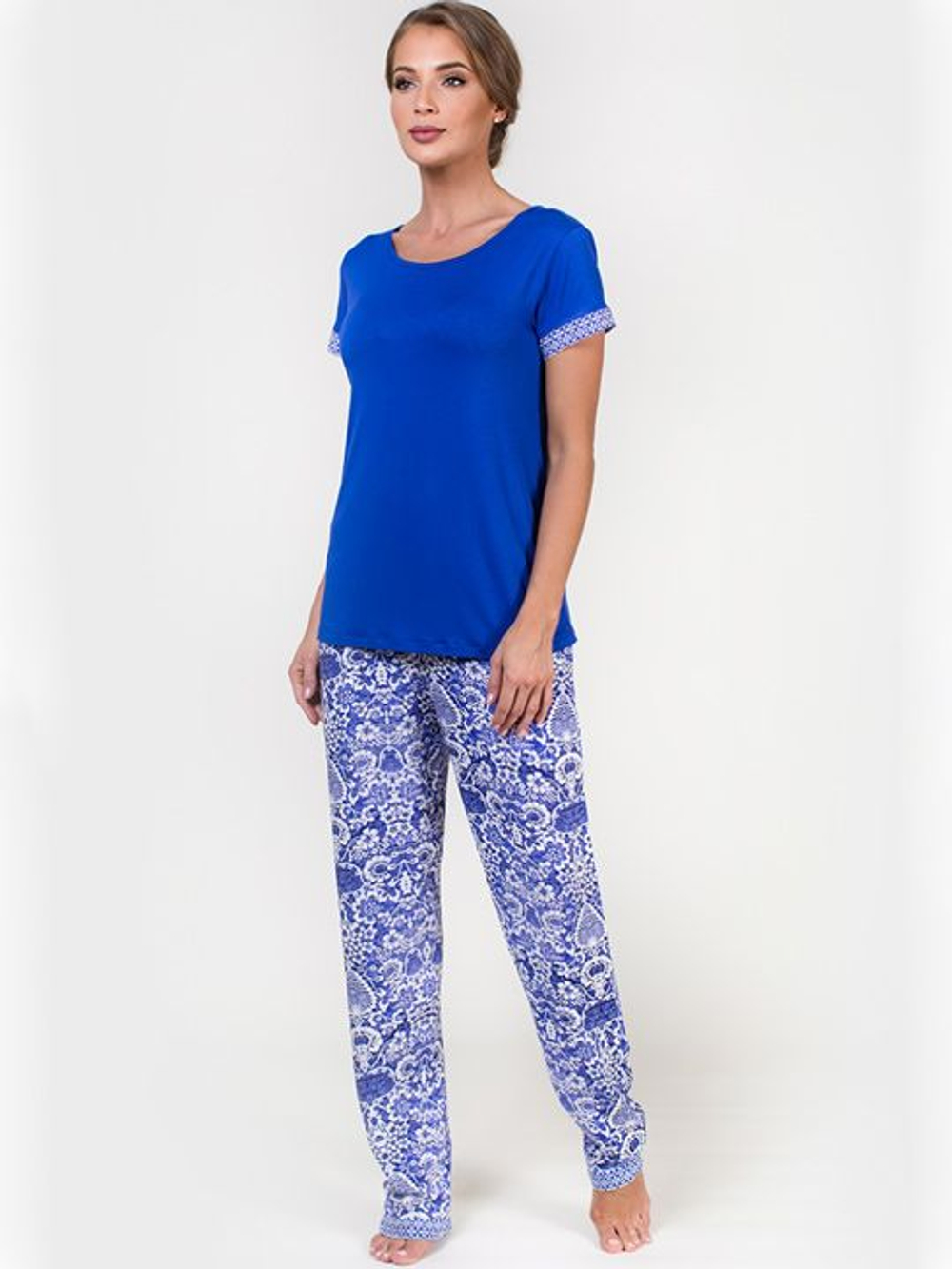 Домашний комплект из вискозы с принтом на брючках (Размер: L) (Цвет: синий)