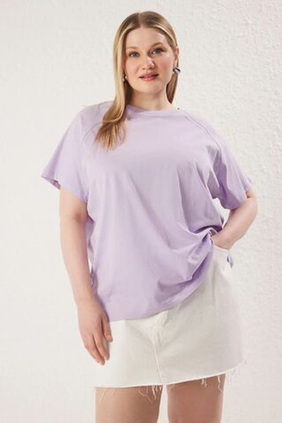 Фиолетовый с камнем, широкая форма, 100% хлопок, трикотажная футболка больших размеров, TBBSS25BF00026