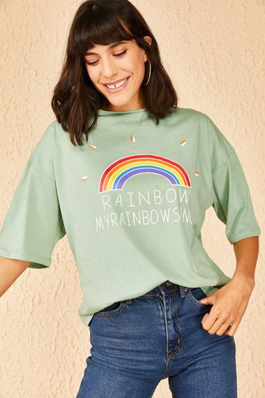 Qadın üçün geniş ölçülü açıq yaşıl t-shirt Rainbow 10501027
