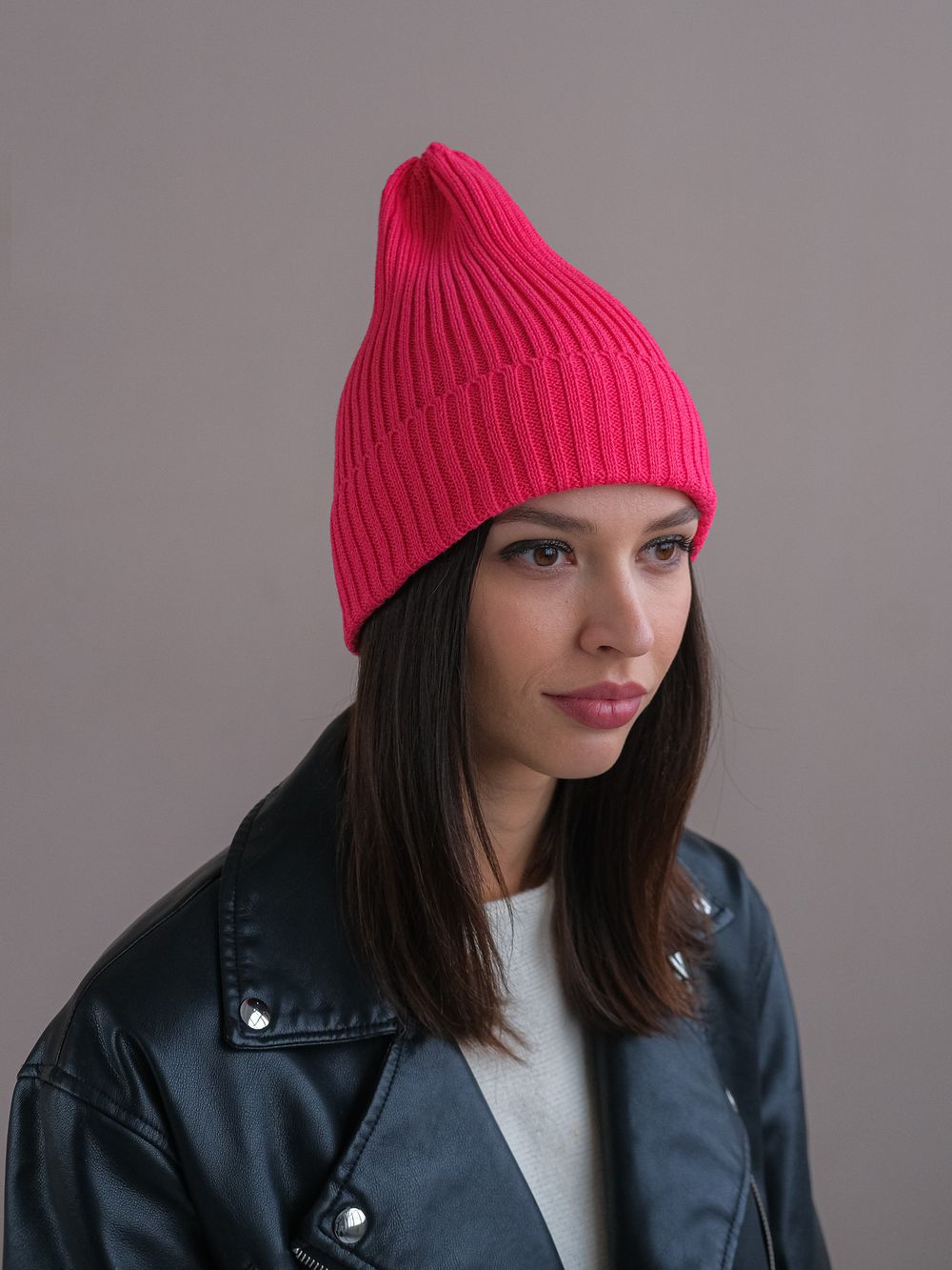 Шапка вязаная-резинка весенняя/осенняя хлопковая КЭП(Фуксия)