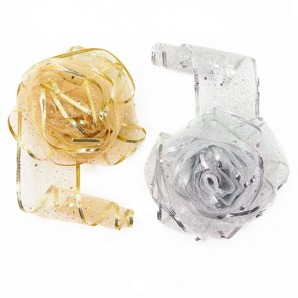 Лента декоративная (6 см*2,74 м) Ассорти дизайнов, Органза, Золото, 1 шт.