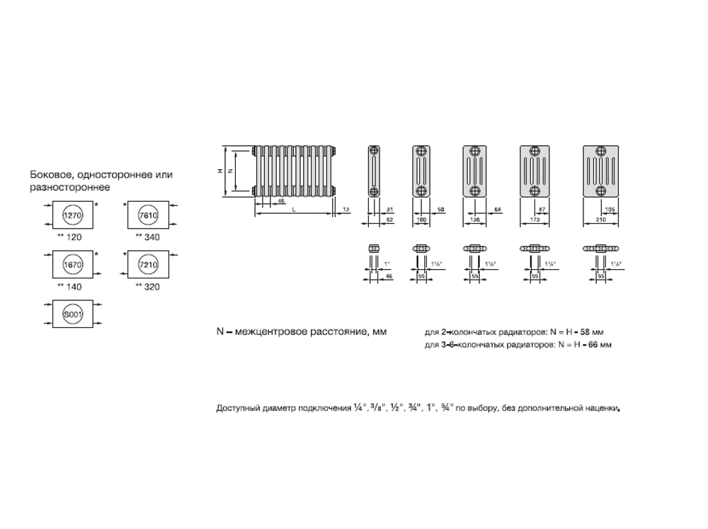 Радиатор трубчатый Zehnder Charleston Retrofit 2056, 08 сек.1/2 бок.подк. RAL9016 (кроншт.в компл)