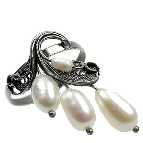 Кольцо "Ветерок" жемчуг белый, скань