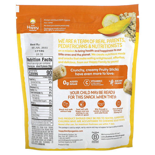 Happy Family Organics, Happy Tot, фруктовые палочки, органический банан и манго, 72 г (2,54 унции)