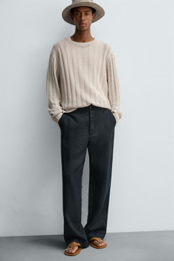 ZARA ПРЯМЫЕ БРЮКИ ИЗ 100% ЛЬНА, МОРСКОЙ ТЕМНО-СИНИЙ