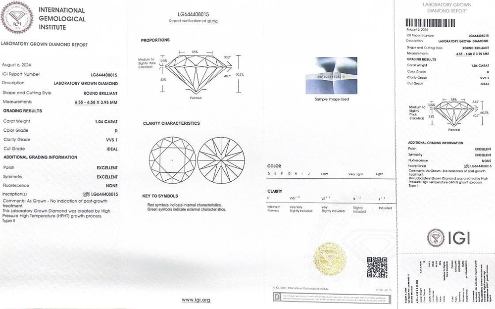 Лабораторно-выращенный бриллиант Кр-57 6.55-6.58 мм D/VVS1 1.04 ct