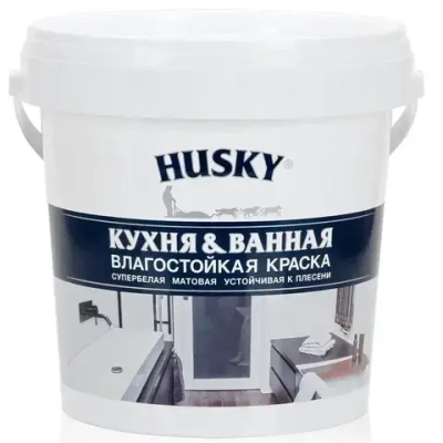 Краска акриловая влагостойкая для кухни и ванны Husky, матовая, супербелая 0,9 л/для стен и потолков, для влажных и сухих помещений, для обоев, высокая стойкость к истиранию и мытью