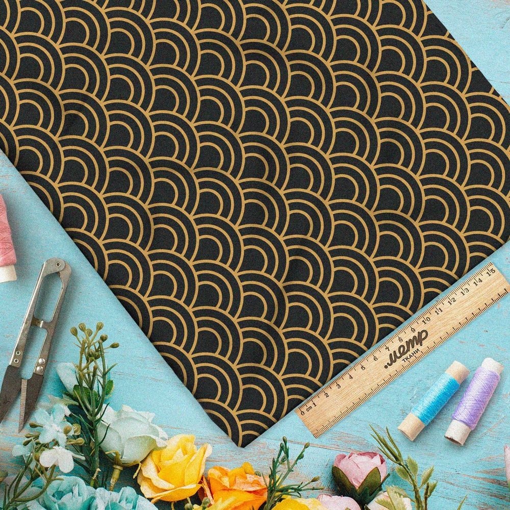 Ткань барби золотые волны на чёрном