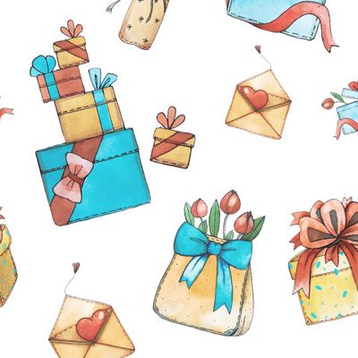 Подарки на белом фоне. Коробочки, конверты. Праздничная упаковка.