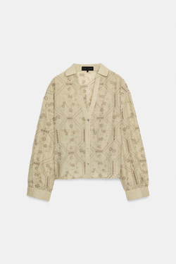 ZARA РУБАШКА С АЖУРНОЙ ВЫШИВКОЙ, СВЕТЛЫЙ ХАКИ