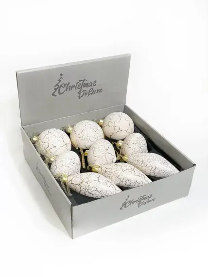 Набор стеклянных украшений Рождественский 80 мм., 9 шт., шар, капля, луковка, белый с кракелюром, Christmas DeLuxe (13049)