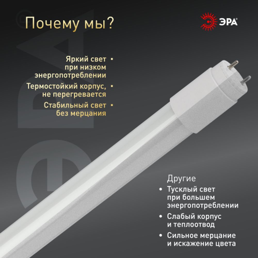 Лампа светодиодная ЭРА STD LED T8-10W-840-G13-600mm 10Вт трубка стекло нейтральный белый свет G13 поворотный | Лампы cветодиодные Линейные  (T8)