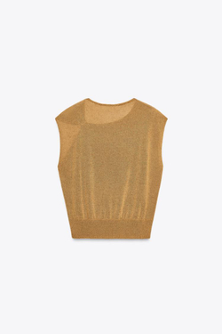 ZARA ТРИКОТАЖНЫЙ ТОП С ФУРНИТУРОЙ, ТЕМНО-СОЛОМЕННЫЙ