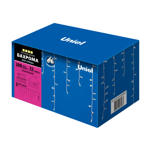 ULD-B3010-200/TWK WARMWHITE IP67 Бахрома светодиодная с эффектом мерцания, 3м. Соединяемая. 200 светодиодов. Теплый белый свет. Провод белый. TM Uniel