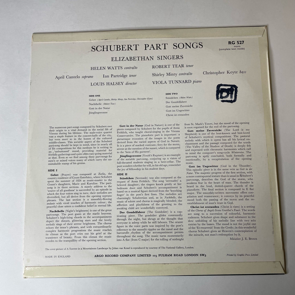 Винтажная виниловая пластинка LP Schubert Шуберт, Elizabethan Singers, Louis Halsey Part Songs (Англия 1967)