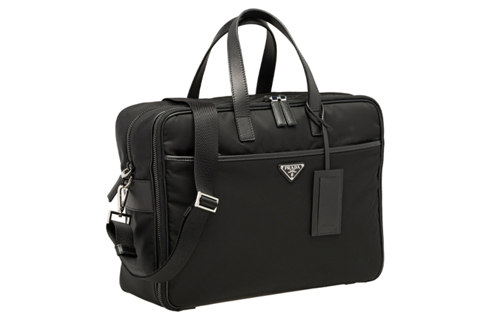 PRADA Zip Closure Recycled Nylon And Saffiano Leather Briefcase, Handbag Men"s Black