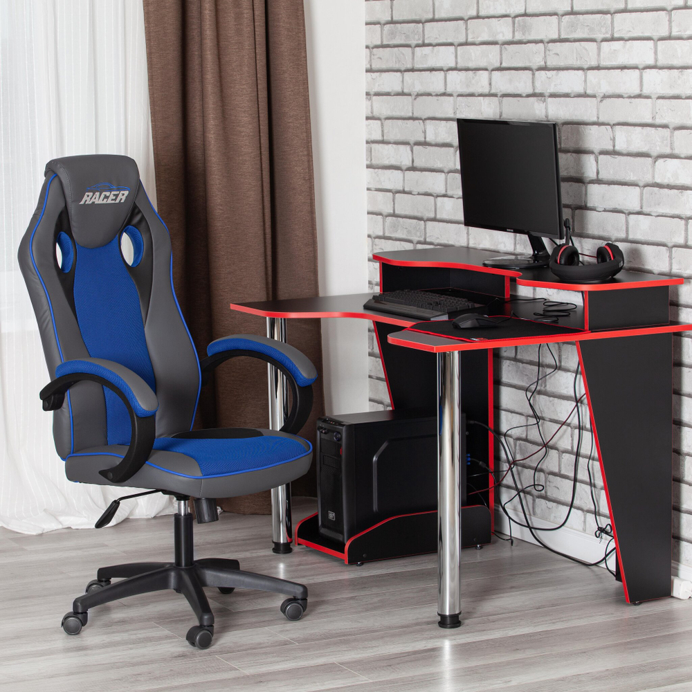 Кресло RACER GT new кож/зам/ткань, металлик/синий, 36/10