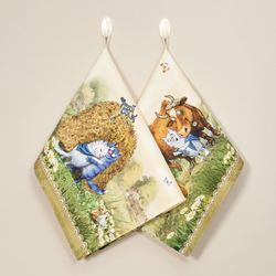 НАБОР ПОЛОТЕНЕЦ 2 ШТ "СИНИЕ КОТЫ. ПРО ЛЮБОВЬ ",40Х60 СМ, 100% ХЛОПОК,ТВИЛ, БЕЖ