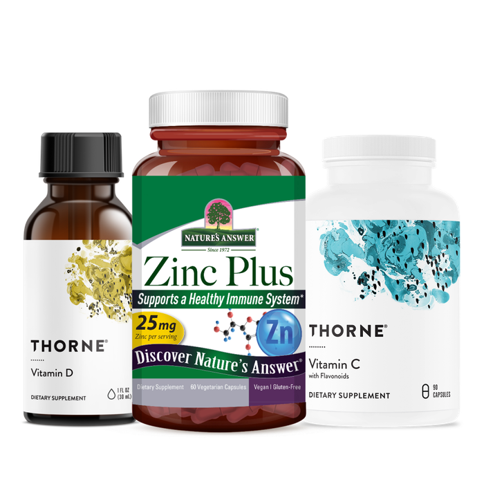 Комплект для поддержки иммунитета: Zinc Plus + Vitamin D + Vitamin C с флавоноидами, Nature's Answer + Thorne Research