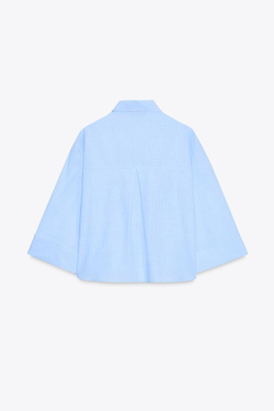 ZARA КОРОТКАЯ РУБАШКА В ПОЛОСКУ С НАКЛАДНЫМИ КЛАПАНАМИ, БЕЛЫЙ/НЕБЕСНО-ГОЛУБОЙ