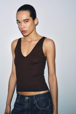 ZARA ТОП В РУБЧИК С V-ОБРАЗНЫМ ВЫРЕЗОМ, КОРИЧНЕВЫЙ