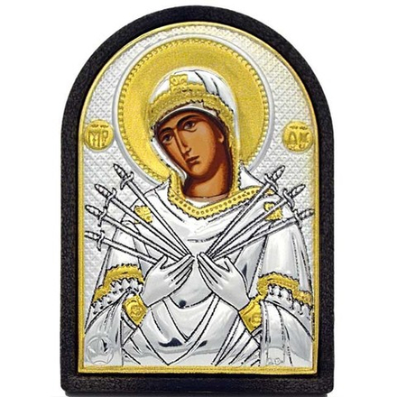 Семистрельная Богородица. Карманная серебряная икона. 4 х 6 см