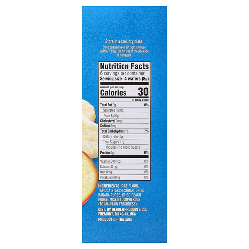 Gerber, Детские снэки, прорезыватели, вафли для защиты зубов, от 7 месяцев, банан и персик, 12 пакетиков по 2 шт. В индивидуальной упаковке, по 2 вафли