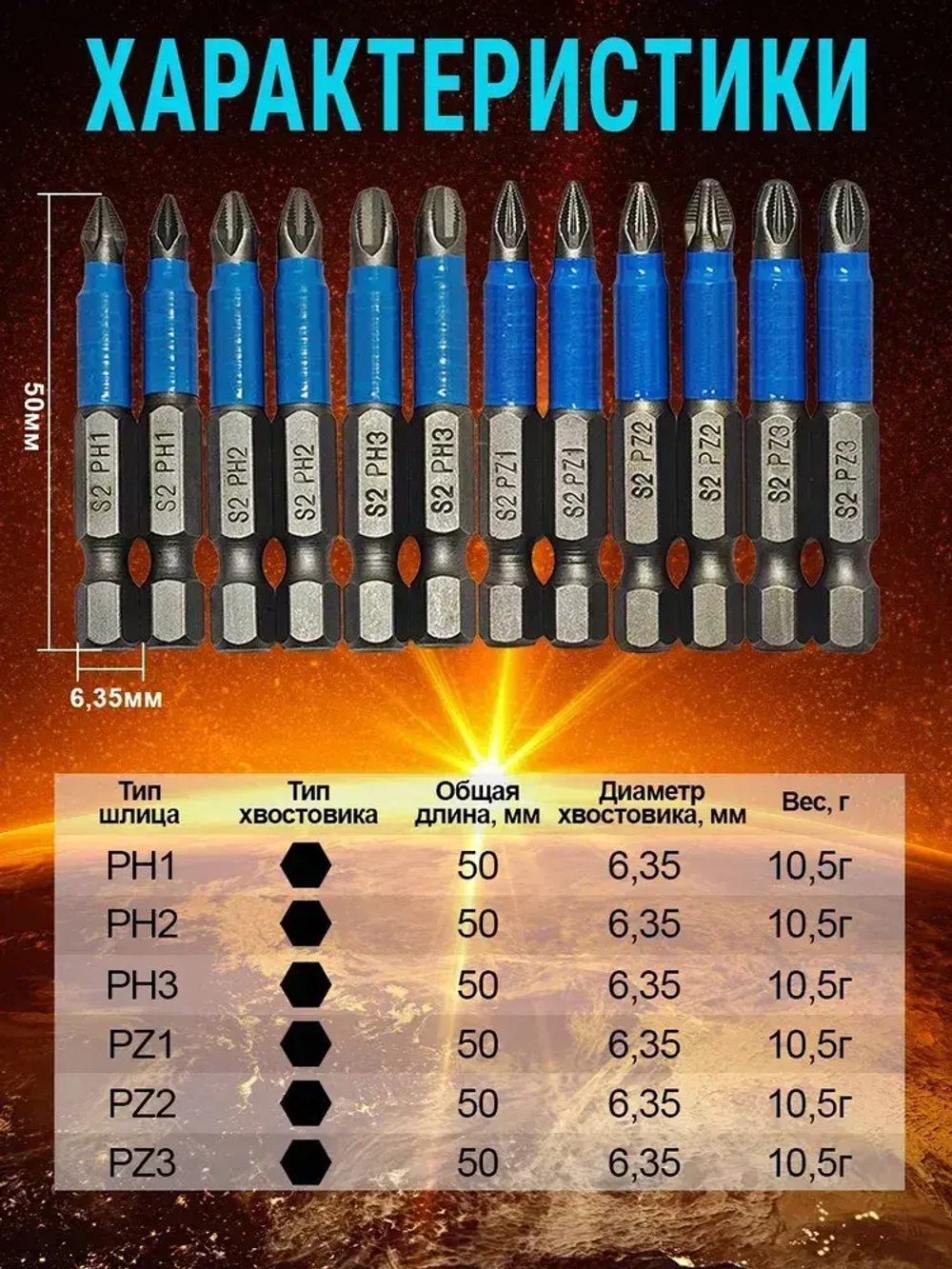 Набор бит для шуруповерта 50мм PH - PZ 12шт AIDELIFE
