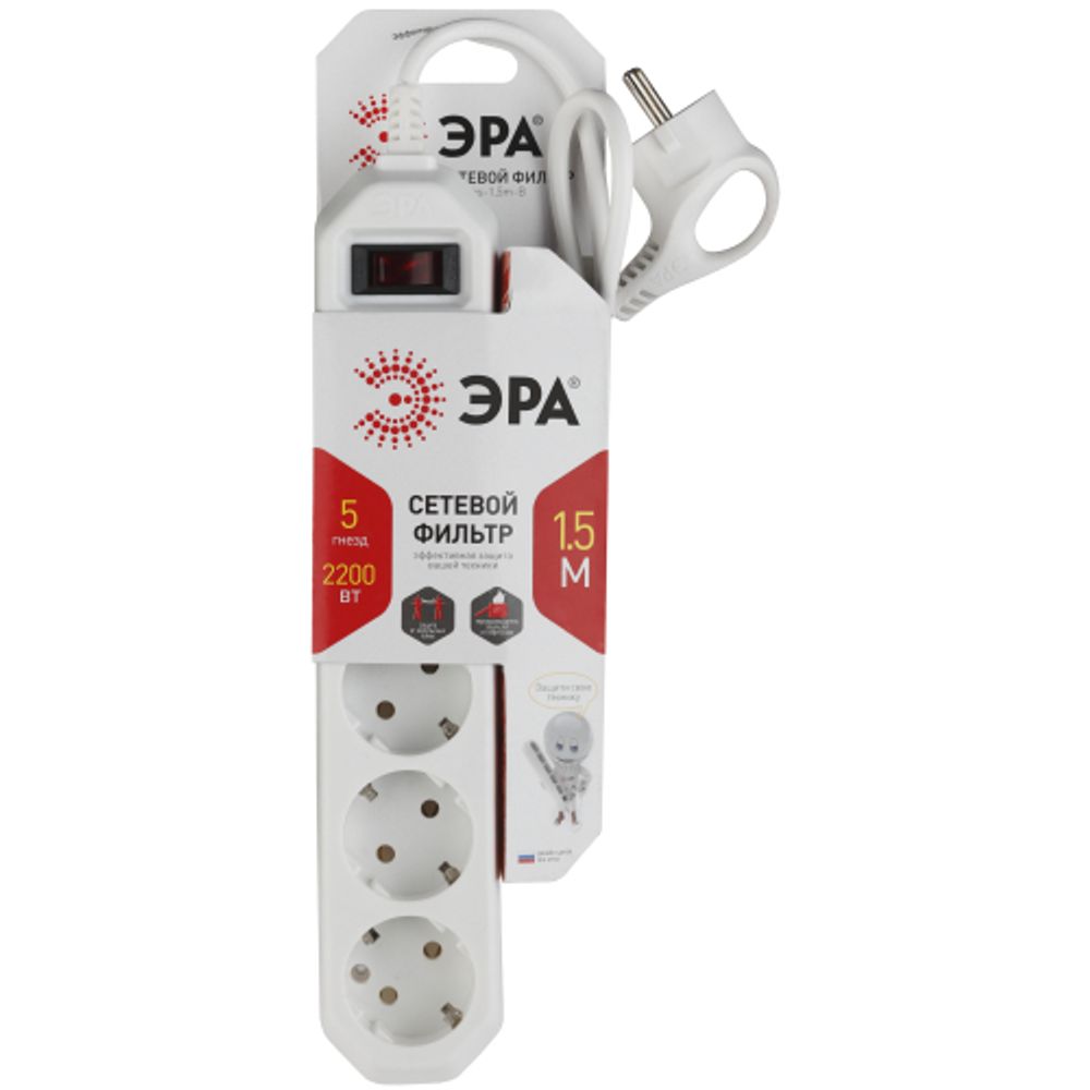 Сетевой фильтр ЭРА USF-5es-1.5m-W с базовой защитой с заземлением с выключателем 5 розеток 1,5м 10А белый