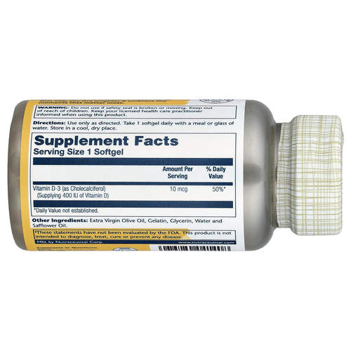 Solaray, Витамин D-3, 10 мкг, 120 мягких таблеток