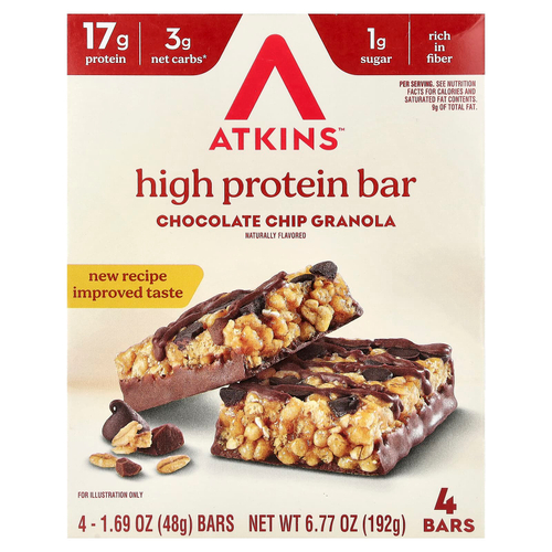 Atkins, высокопротеиновый батончик, гранола с шоколадной крошкой, 4 батончика по 48 г (1,69 унции)