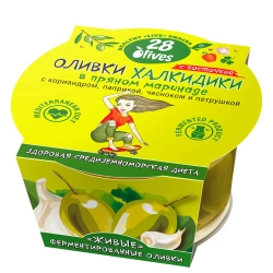 Оливки Халкидики с косточкой в пряном маринаде с кориандром и паприкой 28Olives, 150 г, упаковка спереди