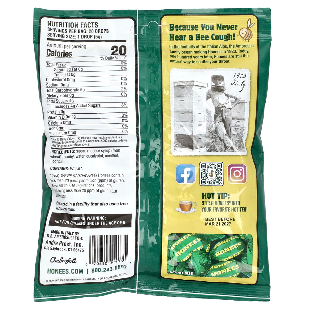 Honees, успокаивающие леденцы для горла, с мёдом, ментолом и эвкалиптом, 20 шт., 100 г (3,5 унции)