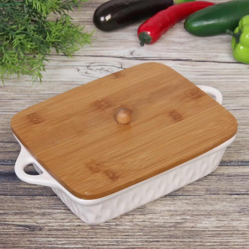 Форма для запекания керамическая «White magic» 23*18,5см с бамбуковой крышкой