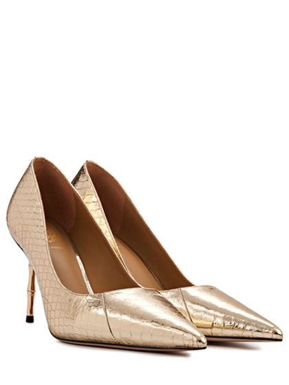 Женские туфли рептилия золотистые на бамбуковом каблуке