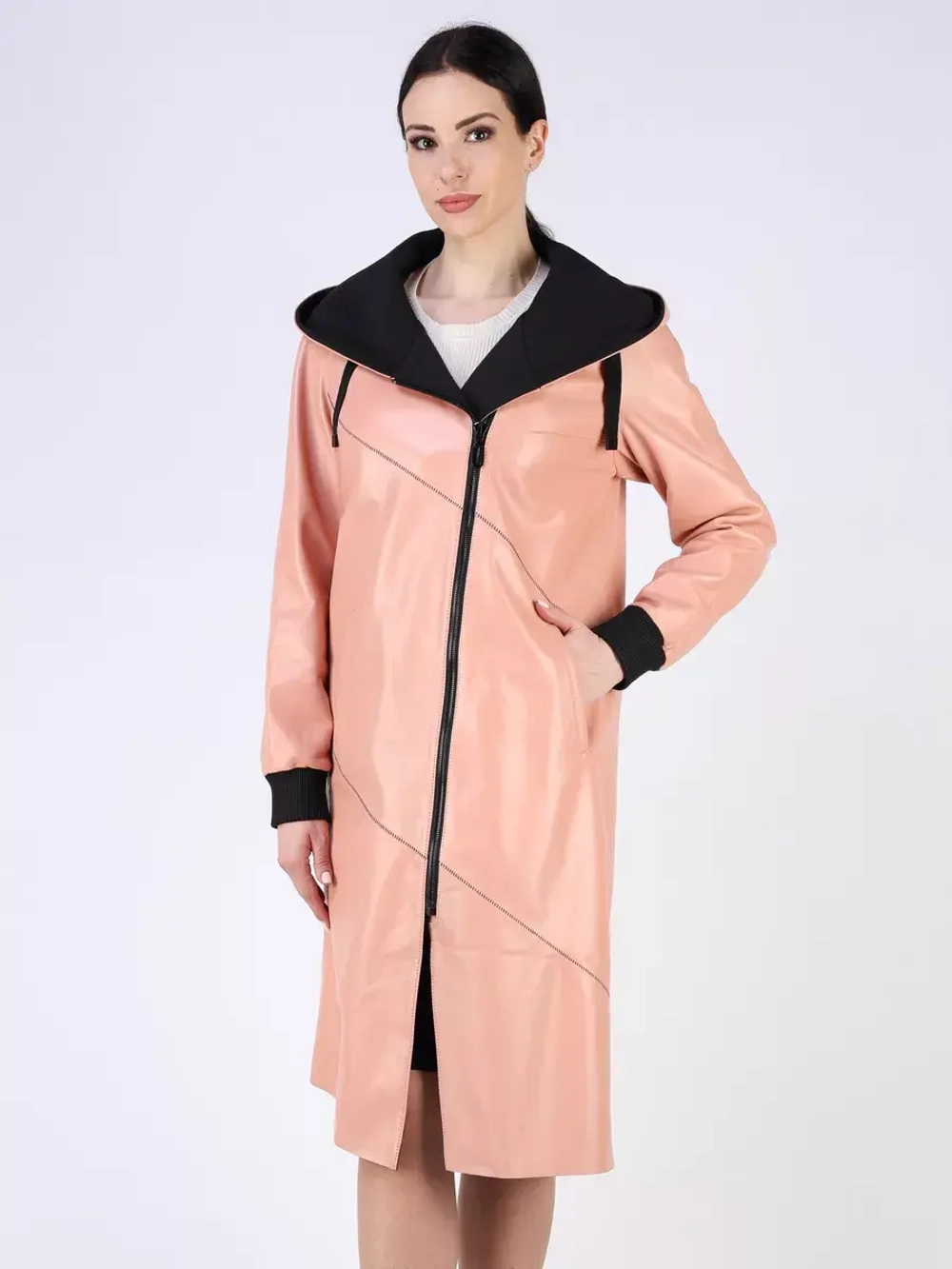 Кожаный плащ длинный с капюшоном пальто