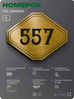 Номерок на дверь квартиры 557, для кабинета, офиса, шильдик 9 х 7 см, золотистый, Айдентика Технолоджи